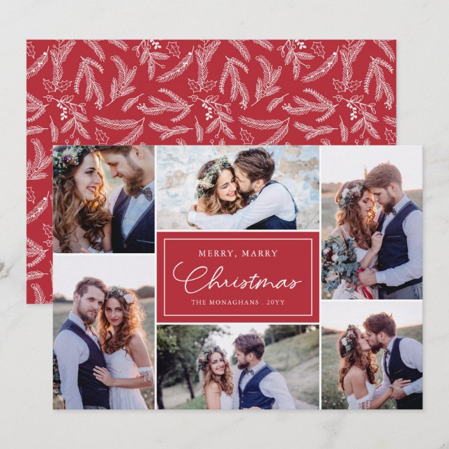 6 Photo Collage Newlyweds Merry Marry Red Julkort (Fram/baksida)