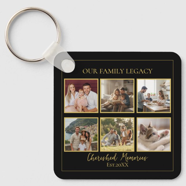 6 Photo Collage Square Black Gold Keychain Nyckelring (Framsida)