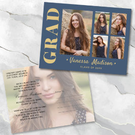 6 Photo Grad Collage Modern Script Blue och Guld Vykort