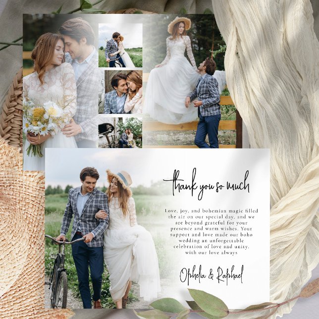 6 Photo Newlyweds-skript Boho Bröllop Tack Kort (Front and back view )