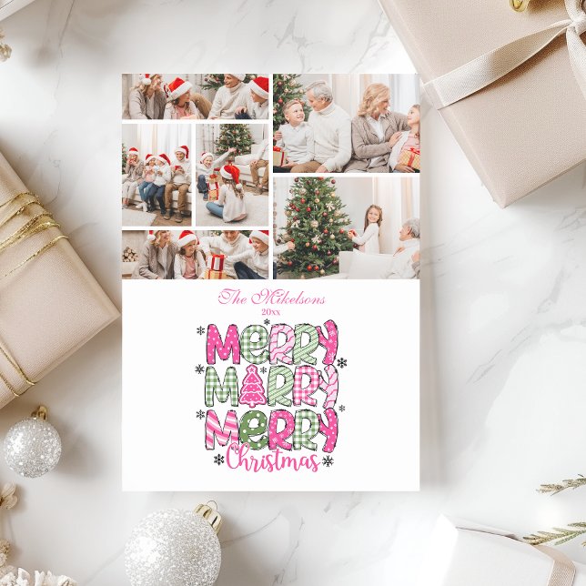 6 Photo Pink Green Merry Christmas Holiday Julkort (Skapare uppladdad)