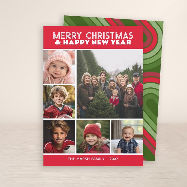 6 Photo Retro Rand, Red Peace och Kärlek Julkort (7 Photo Collage with Retro Stripes - Online Christmas Card - Print and Download Options)
