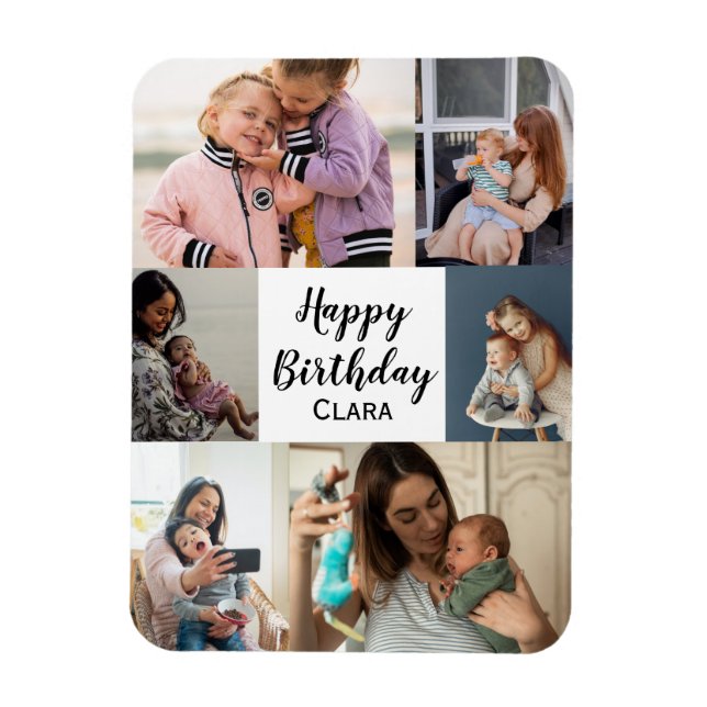6 Photos Collage Personlig Script Birthday Magnet (Vertikal)
