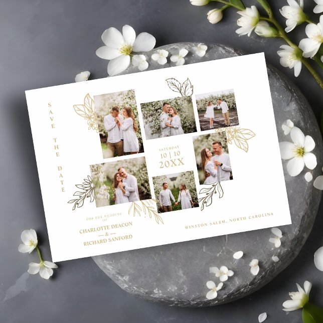 6 Photos Collage Wedding Botanical Branches Frame  Spara Datumet (6 Photos Collage Wedding Botanical Branches Frame Save the Date Card with Envelope.)