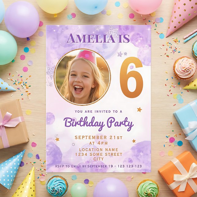 6 Purple Gold Star Bubbles 6th Birthday Invitation Inbjudningar (Skapare uppladdad)