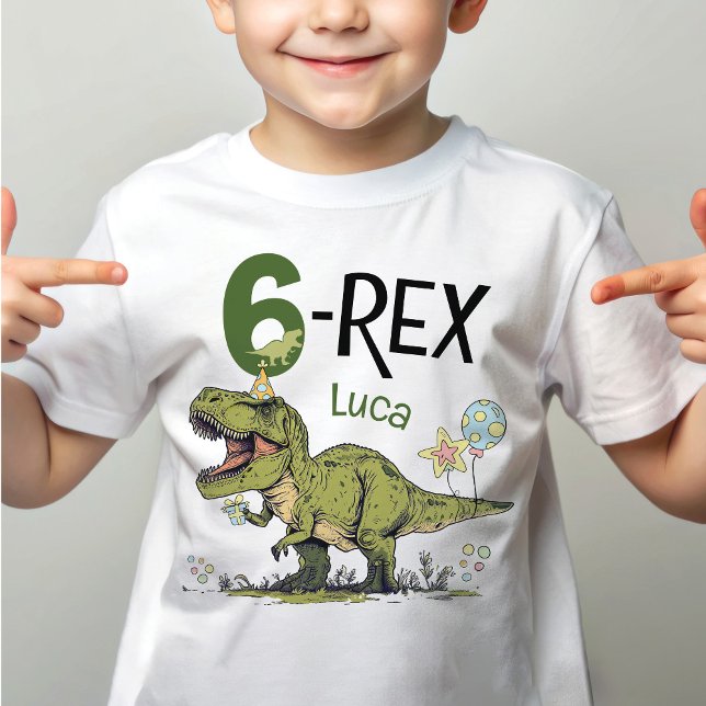 6-Rex Söt Dinosaurie Tema 6-års Födelsedagsfest Na T Shirt (Cute funny Jurassic dinosaur theme green roar T-Rex dino cartoon 6-rex 6th birthday party t-shirt)