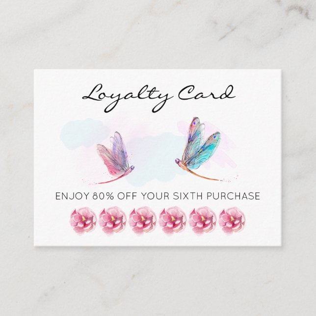 *~* 6 Slå Hål Rosa Blue Dragonfly Loyalty Card Lojalitetskort (Framsida)