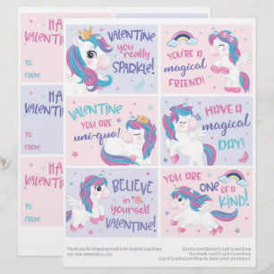 6 Unicorn Kids Classroom Valentines day-kort Brevhuvud