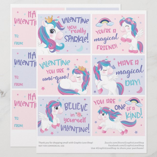 6 Unicorn Kids Classroom Valentines day-kort Brevhuvud (Fram/baksida)