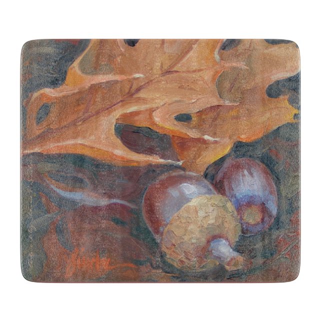 6" x 7" glass skärbrädalöv och ekollonar. (Framsidan)