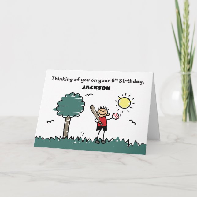6e Baseball Birthday Custom Name Stick figur Kort (Framsida)
