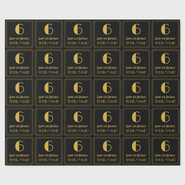 6e Birthday ~ Art Deco Inspired Titta "6", Namn Presentpapper (Seam)