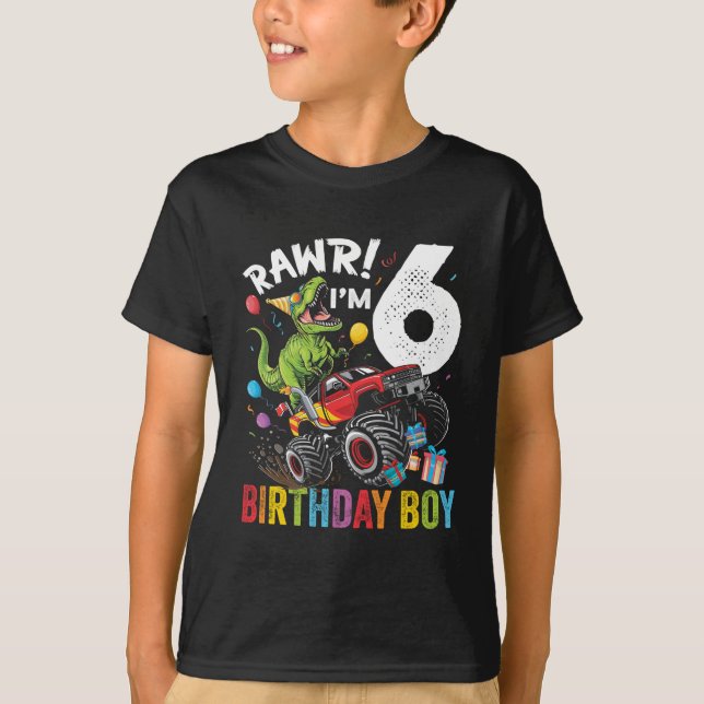 6e Birthday Boy Dinosaur Monster Lastbil T Shirt (Framsida)