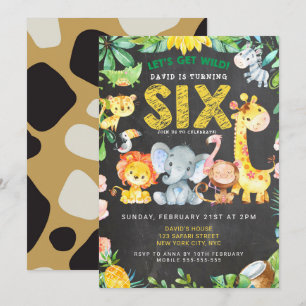 6e Birthday Boy Safari Animals Chalkboard Jungle Inbjudningar