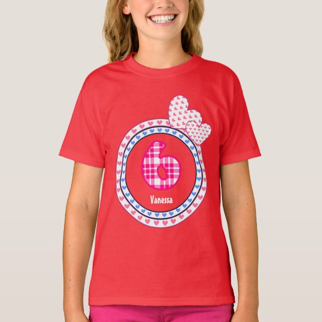 6e Birthday Gift Hearts Play Mönster V15 Tee Shirt (Framsida)