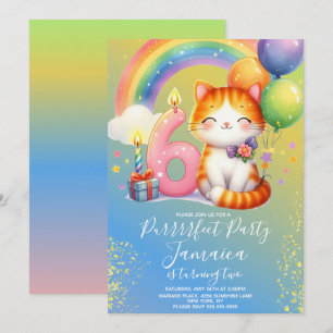 6e Birthday Kitten Rainbow Party Inbjudningar