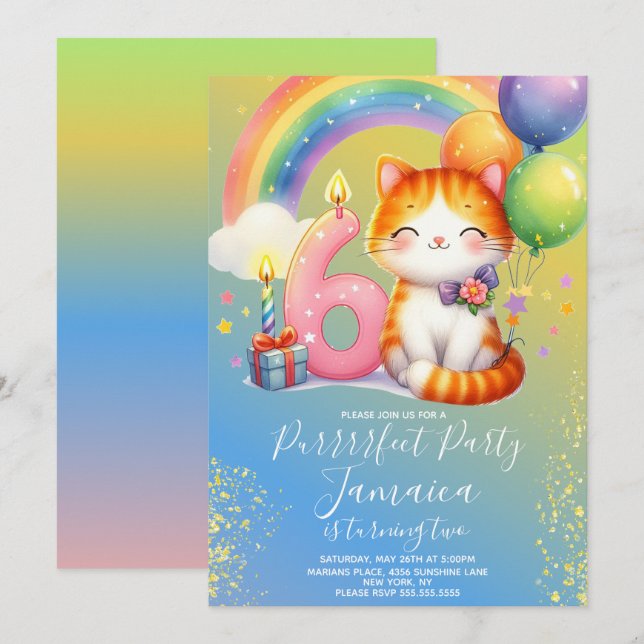 6e Birthday Kitten Rainbow Party Inbjudningar (Fram/baksida)