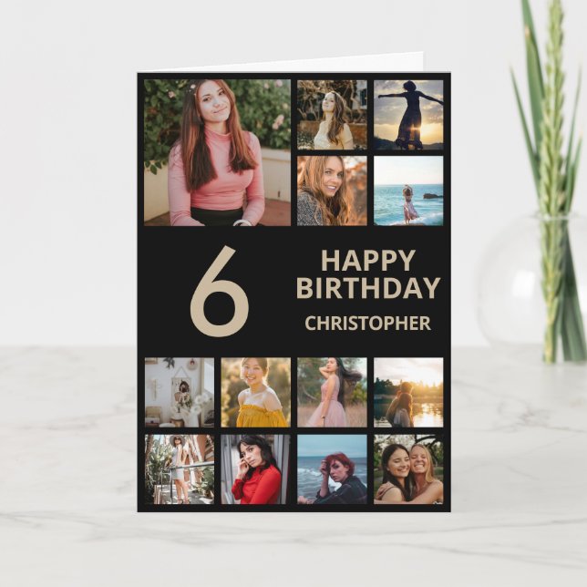 6e Birthday Photo Collage 13 Photos Black & Guld Kort (Framsida)