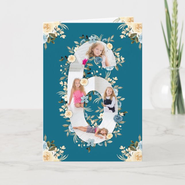 6e Birthday Photo Collage Blue Gult Flower Teal Kort (Framsida)