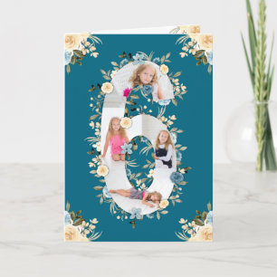 6e Birthday Photo Collage Blue Gult Flower Teal Kort