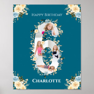 6e Birthday Photo Collage Teal Blue Gult Flower Poster