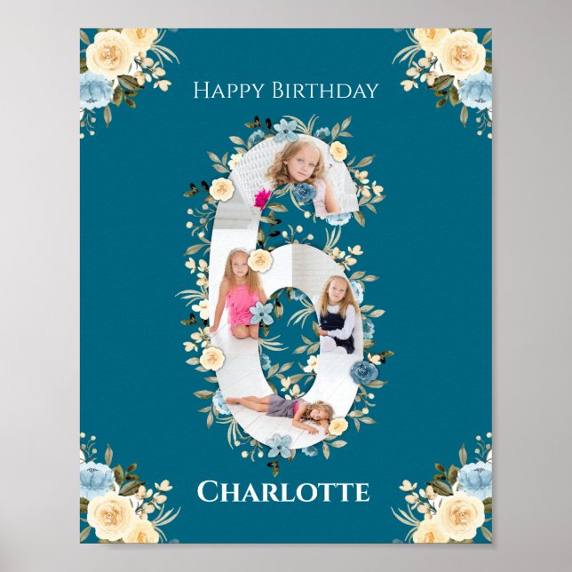 6e Birthday Photo Collage Teal Blue Gult Flower Poster (Framsidan)