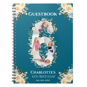 6e Birthday Photo Teal Gult Flower Guest Bok Anteckningsbok