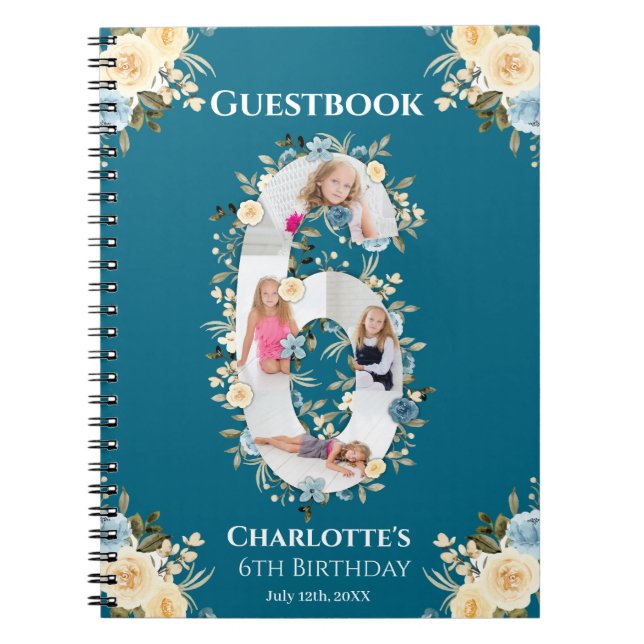 6e Birthday Photo Teal Gult Flower Guest Bok Anteckningsbok (Framsidan)