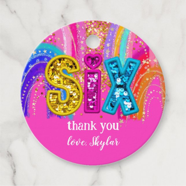 6e Birthday Shock rosa Rainbow Sequin Girl Gåvor Etiketter (Framsida)