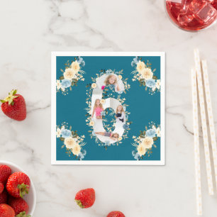 6e Birthday Teal Photo Collage Blue Gult Flower Pappersservett