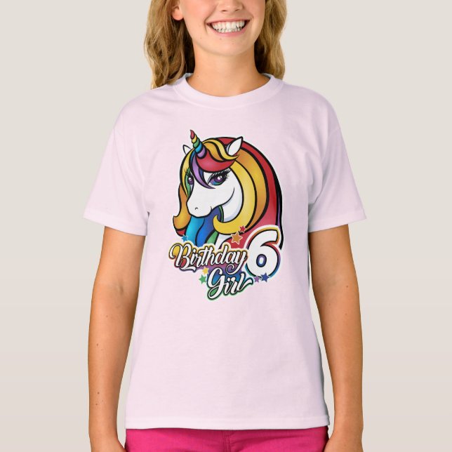 6e Birthday Unicorn T-shirt för flickor. (Framsida)