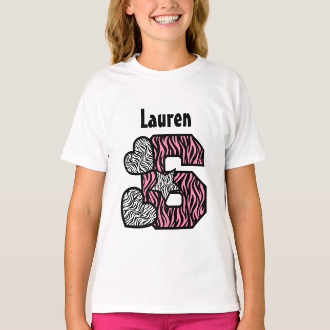 6e Birthday Zebra Star Hearts Fem år V03E Tee Shirt (Framsida)