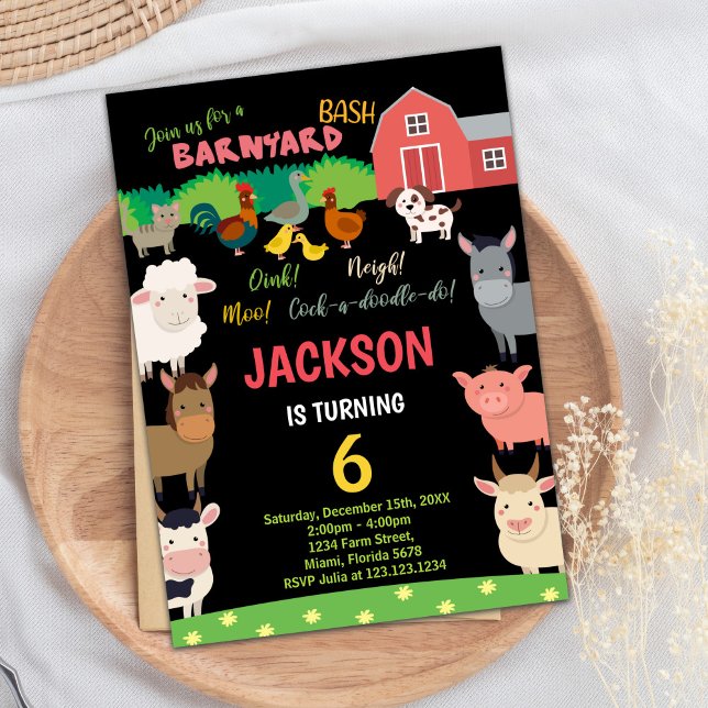 6e Black Boskap, födelsedagsinbjudningar Inbjudningar (6th Black Farm Animals Birthday Invitations)