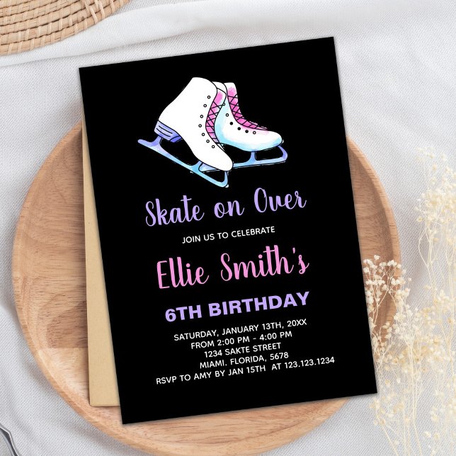 6e Black Lila Ice Skating Birthday-inbjudningar Inbjudningar (6th Black Purple Ice Skating Birthday Invitations)