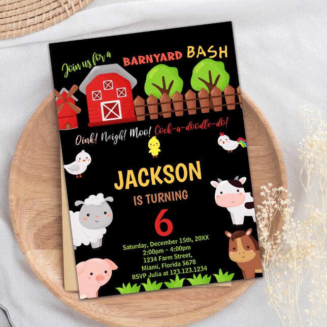 6e Black Red Boskap på födelsedagsinbjudan Inbjudningar (6th Black Red Farm Animals Birthday Invitations)