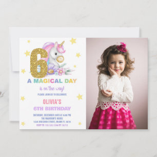 6e Blommigt Unicorn Birthday-inbjudningar med foto Inbjudningar