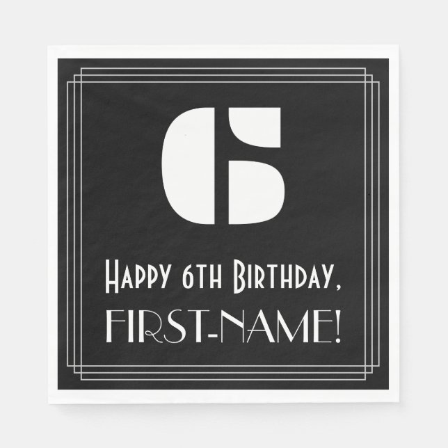 6e födelsedag: Art Deco Inspired Titta "6" + Namn Pappersservett (Framsidan)