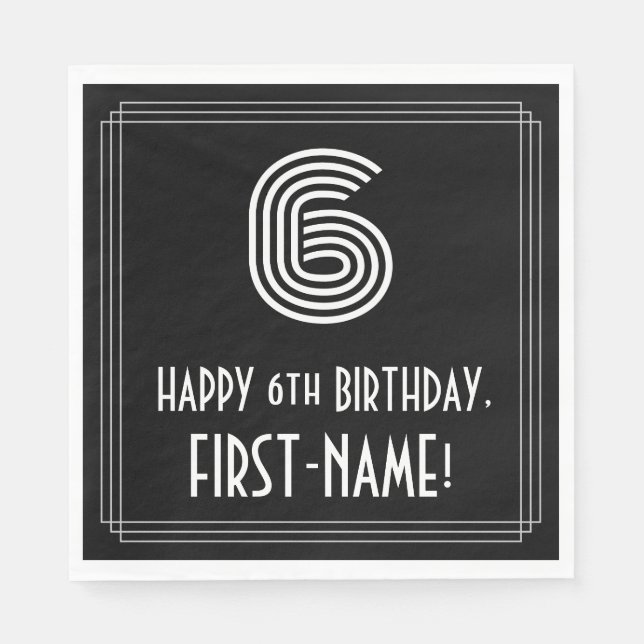 6e födelsedag: Art Deco Inspired Titta "6" + Namn Pappersservett (Framsidan)