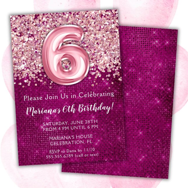 6e födelsedag inbjudan Magenta Girly Rosa Glitter (Skapare uppladdad)