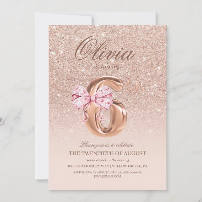 6e födelsedag Ro Rosa Guld Bow Födelsedagsfest Inbjudningar (Framsida)
