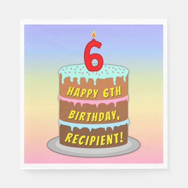 6e födelsedag: Roligt Cake and Candle + eget namn Pappersservett (Framsidan)