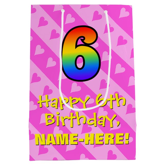 6e födelsedag: Roligt Rosa Hearts Rand och regnbåg (Baksidan)