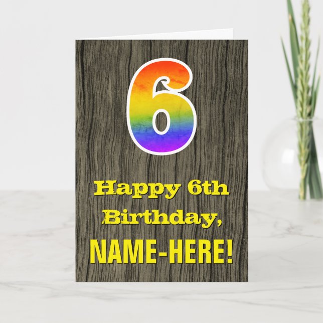 6e födelsedag: Rustic Faux Wood look, Rainbow ’6’ Kort (Framsida)