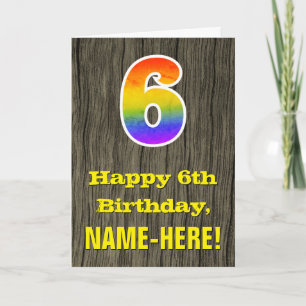 6e födelsedag: Rustic Faux Wood look, Rainbow ’6’ Kort