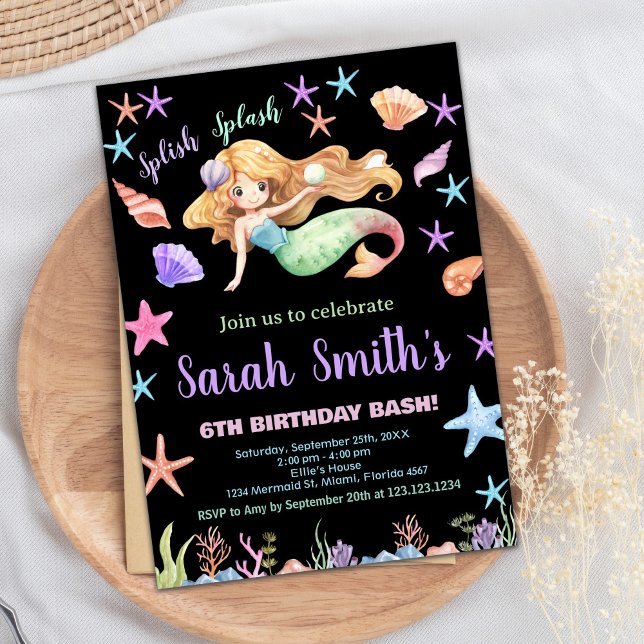 6e Lila under Sjöjungfruns födelsedag Inbjudningar (6th Purple Under the sea Mermaid Birthday Invitation)