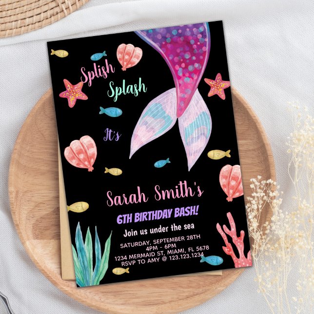 6e Mörk Rosa på högsta sjöjungfrun Födelsedag Inbjudningar (6th Dark Pink on top mermaid Birthday Invitation)