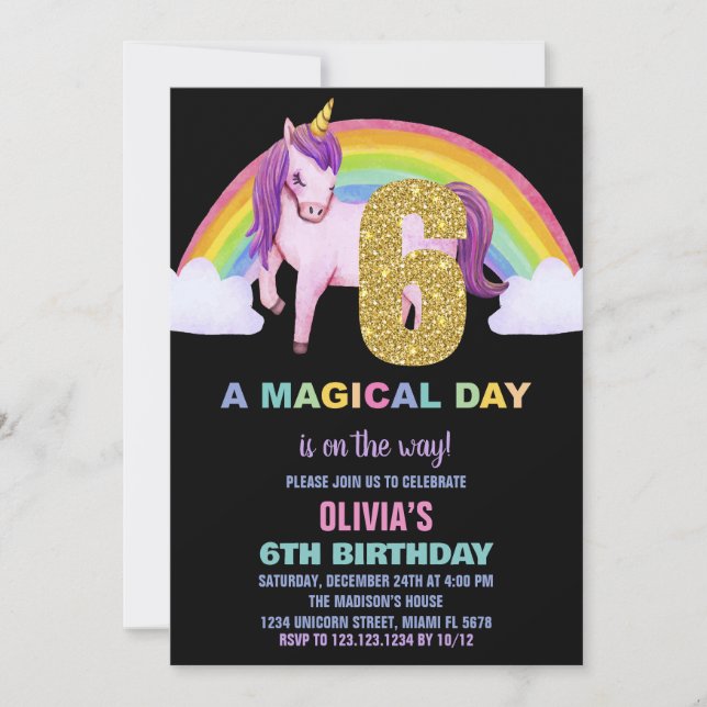 6e Rainbow Unicorn Birthday Bjuder Glitter Inbjudningar (Framsida)