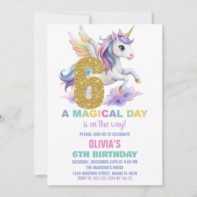 6e Rainbow Unicorn Birthday-inbjudningar flygs Inbjudningar (Framsida)
