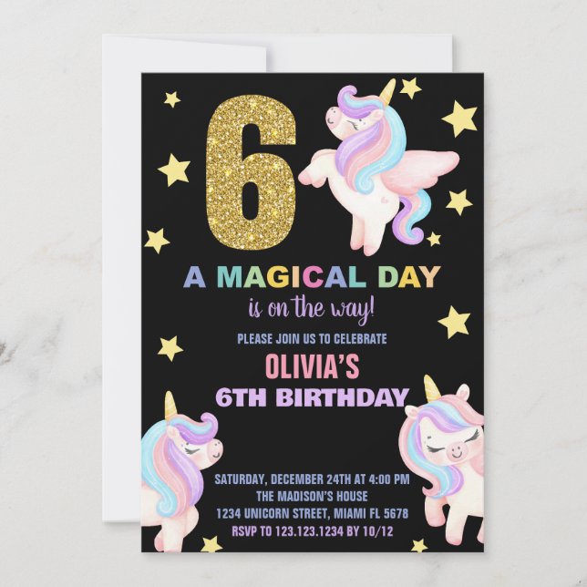 6e Rainbow Unicorn Birthday-inbjudningar flygs Inbjudningar (Framsida)