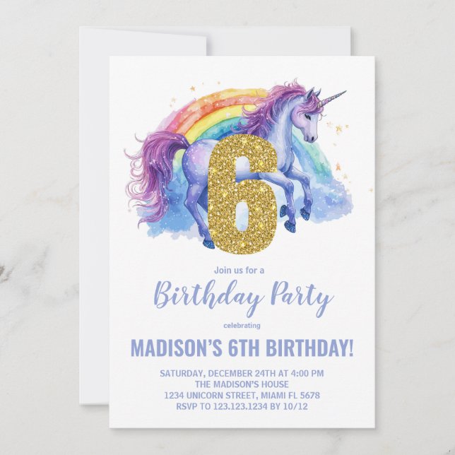 6e Rainbow Unicorn Birthday-inbjudningar Inbjudningar (Framsida)